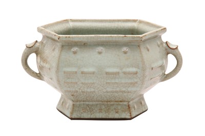 Lot 181 - A CHINESE CRACKLE-GLAZED TWIN-HANDLED CENSER, 20TH CENTURY OR LATER