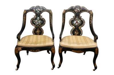 Lot 531 - A PAIR OF LATE VICOTRIAN EBONISED AND MOTHER OF PEARL INLAID CANED CHAIRS