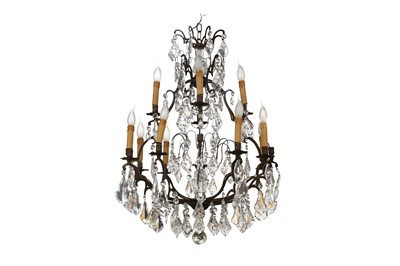 Lot 575 - A CONTEMPORARY LOUIS XV STYLE BRONZE AND CRYSTAL CAGE FORM CHANDELIER