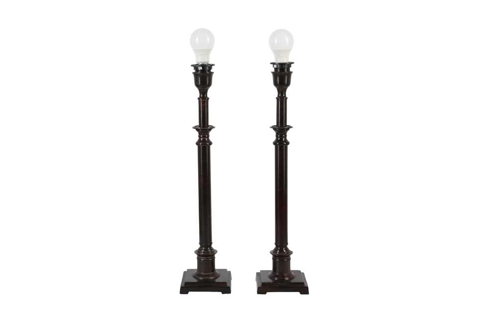 Lot 469 - A PAIR OF CONTEMPORARY BRONZED METAL TABLE LAMPS OF COLUMNAR FORM