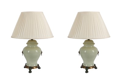Lot 585 - A PAIR OF CHINESE STYLE CELADON GLAZED TABLE LAMPS