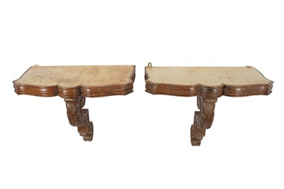 Lot 776 - A PAIR OF CONTINENTAL CARVED OAK BRACKET CONSOLE TABLES, MID 20TH CENTURY