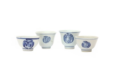Lot 549 - FOUR SMALL CHINESE BLUE AND WHITE 'CRANE' CUPS