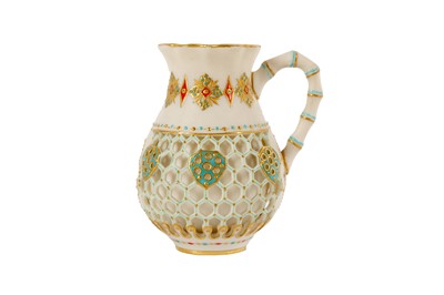 Lot 123 - A LATE 19TH CENTURY ROYAL WORCESTER BISQUE PORCELAIN DOUBLE WALLED RETICULATED JUG