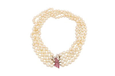 Lot 36 - A FOUR-STRAND CULTURED PEARL, RUBY AND DIAMOND CHOKER