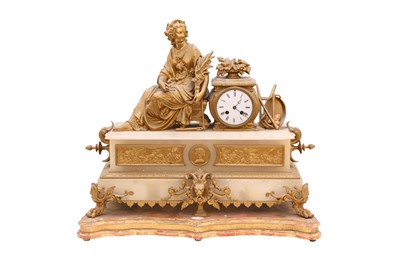 Lot 459 - A LARGE FRENCH  ALABASTER AND GILT SPELTER MANTEL CLOCK , LATE 19TH CENTURY