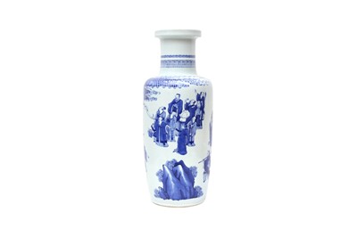 Lot 575 - A CHINESE BLUE AND WHITE 'FIGURATIVE' ROULEAU VASE