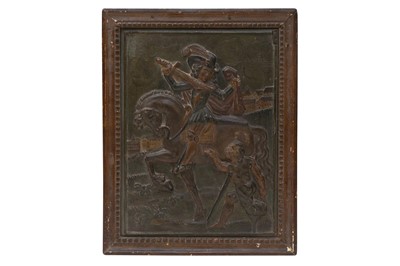 Lot 485 - A 17TH CENTURY STYLE CARVED PANEL OF SAINT MARTIN DIVIDING HIS CLOAK