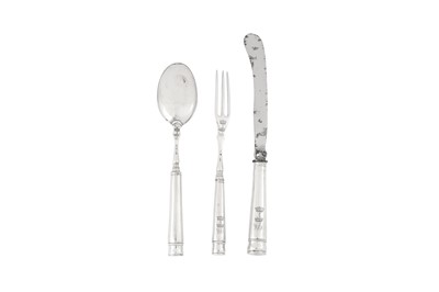 Lot 295 - A George II / III sterling silver set of travelling canteen flatware, London circa 1760 by WB, possibly William Bell