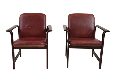 Lot 147 - UNKNOWN (DANISH); A PAIR OF MID-CENTURY STAINED TEAK ARMCHAIRS