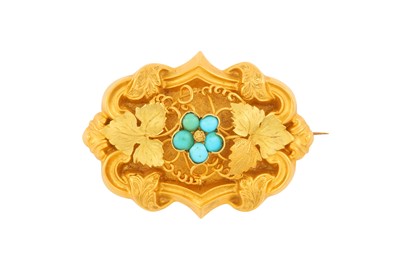 Lot 3 - A TURQUOISE AND HAIRWORK MOURNING BROOCH, LATE 19TH CENTURY