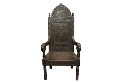 Lot 541 - A 19TH CENTURY CARVED OAK THRONE CHAIR