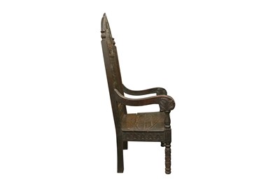 Lot 541 - A 19TH CENTURY CARVED OAK THRONE CHAIR