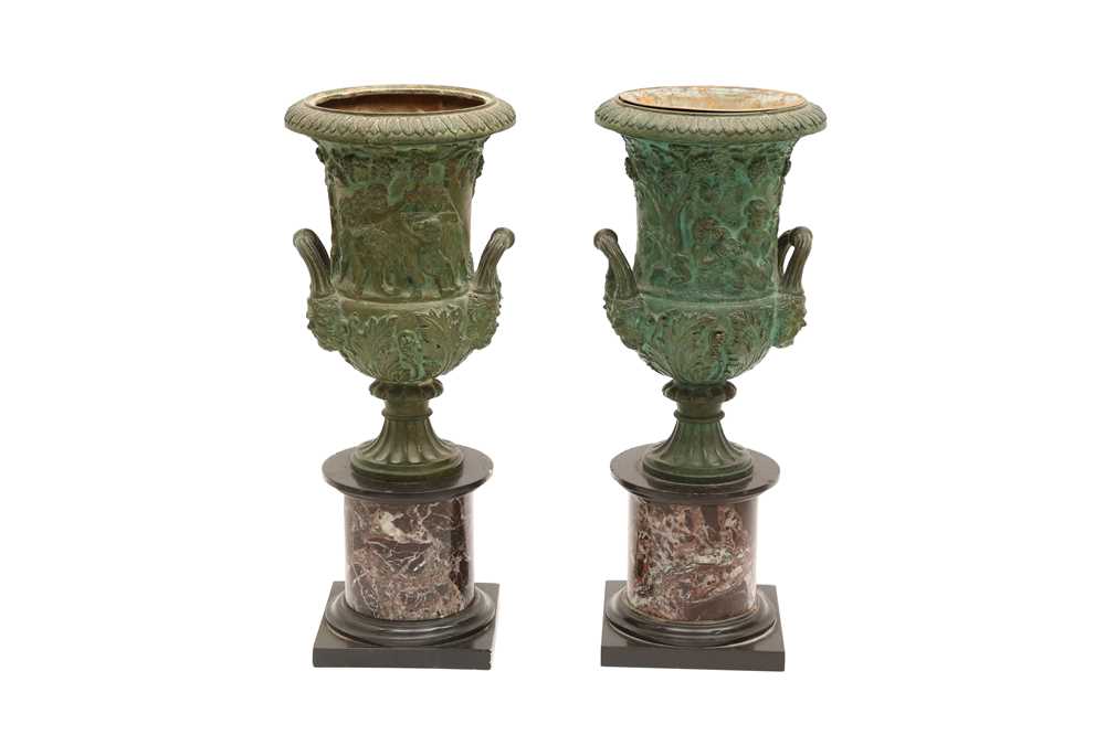 Lot 481 - A PAIR OF VERDIGRIS BRONZE CAMPANA FORM VASES, 19TH CENTURY