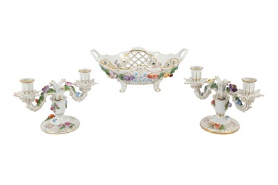 Lot 134 - A PAIR OF DRESDEN PORCELAIN TWO BRANCH CANDLESTICKS, 20TH CENTURY