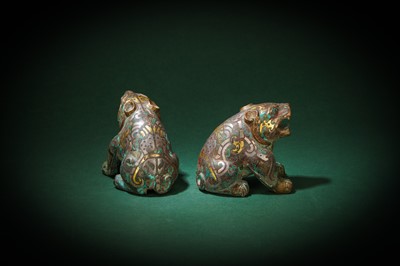 Lot 79 - A PAIR OF CHINESE GOLD AND SILVER-INLAID BRONZE 'BEAR' MAT WEIGHTS