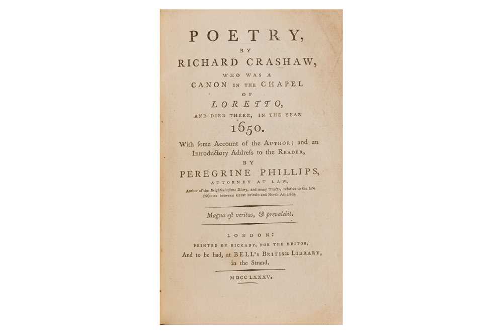 Lot 201 - Crashaw. Poetry...with some account of the Author...by Peregrine Phillips, first ed. 1785