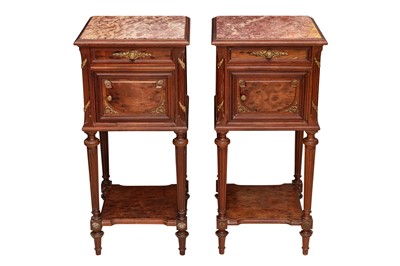 Lot 429 - A PAIR OF FRENCH MARBLE TOP BEDSIDE TABLES