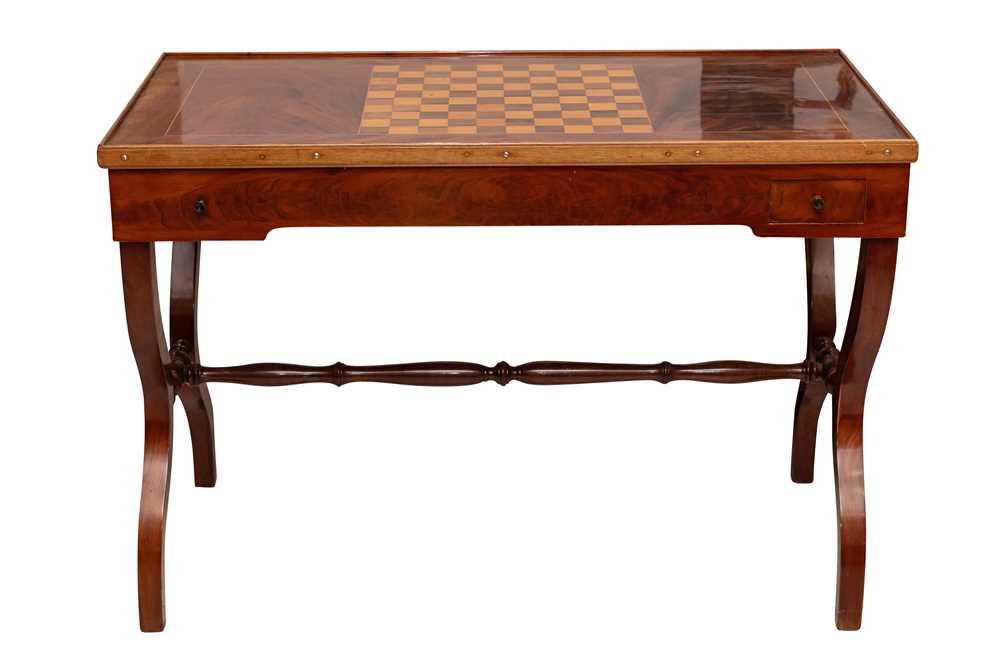 Lot 792 - A FRENCH WALNUT GAMES STRETCHER TABLE WITH