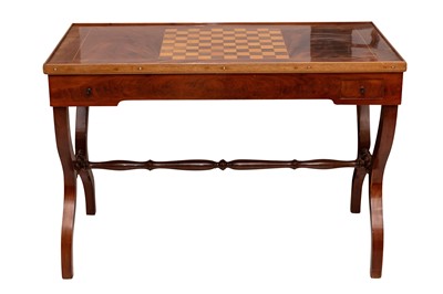 Lot 434 - A FRENCH WALNUT GAMES STRETCHER TABLE WITH CONTENTS
