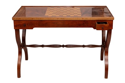 Lot 792 - A FRENCH WALNUT GAMES STRETCHER TABLE WITH CONTENTS
