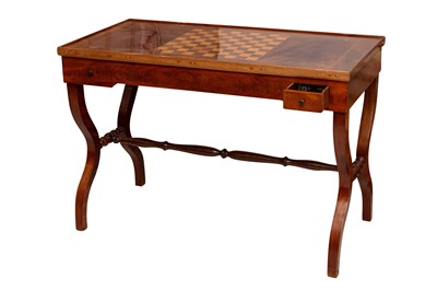 Lot 792 - A FRENCH WALNUT GAMES STRETCHER TABLE WITH CONTENTS