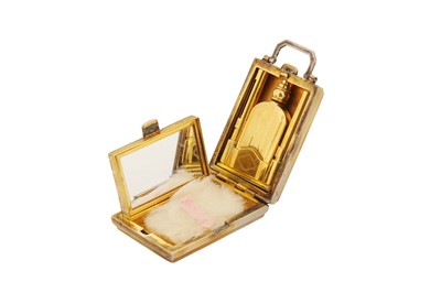 Lot 27 - An early 20th century German sterling silver gilt and guilloche enamel miniature compact combination scent bottle, import marks for London 1925 by P H Vogel