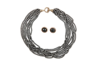 Lot 144 - AN HEMATITE NECKLACE AND EARRING SUITE BY TIFFANY
