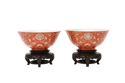 Lot 811 - A PAIR OF CHINESE IRON-RED 'LOTUS' BOWLS