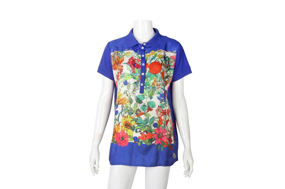 Lot 357 - Moncler Blue Silk Maglia Floral Polo Shirt - Size XL