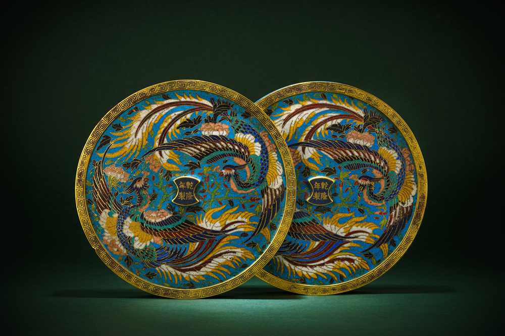 Lot 279 - A PAIR OF CHINESE GILT-BRONZE CLOISONNÉ ENAMEL 'PHOENIX' MIRRORS