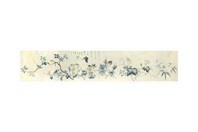 Lot 74 - A CHINESE EMBROIDERED 'FLOWER, BIRD AND INSECTS' SILK PANEL