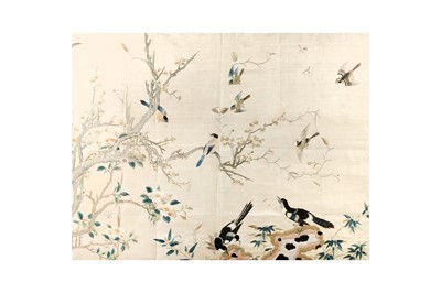 Lot 73 - A LARGE CHINESE EMBROIDERED 'MAGPIE AND FLOWERS' SILK PANEL