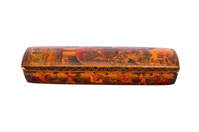 Lot 333 - A QAJAR LACQUERED PAPIER-MÂCHÉ SQUARED PEN CASE (QALAMDAN) WITH MOHAMMAD SHAH QAJAR (1808 - 1848)