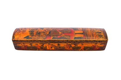 Lot 333 - A QAJAR LACQUERED PAPIER-MÂCHÉ SQUARED PEN CASE (QALAMDAN) WITH MOHAMMAD SHAH QAJAR (1808 - 1848)