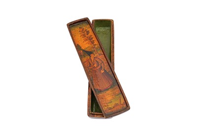 Lot 333 - A QAJAR LACQUERED PAPIER-MÂCHÉ SQUARED PEN CASE (QALAMDAN) WITH MOHAMMAD SHAH QAJAR (1808 - 1848)