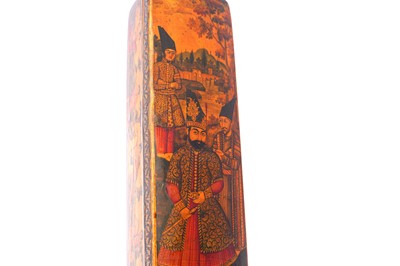 Lot 333 - A QAJAR LACQUERED PAPIER-MÂCHÉ SQUARED PEN CASE (QALAMDAN) WITH MOHAMMAD SHAH QAJAR (1808 - 1848)