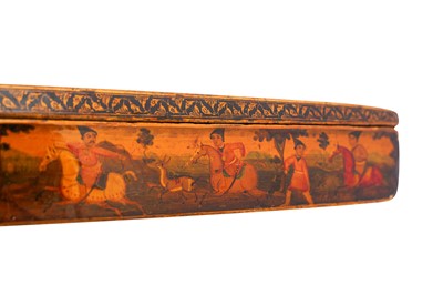 Lot 333 - A QAJAR LACQUERED PAPIER-MÂCHÉ SQUARED PEN CASE (QALAMDAN) WITH MOHAMMAD SHAH QAJAR (1808 - 1848)