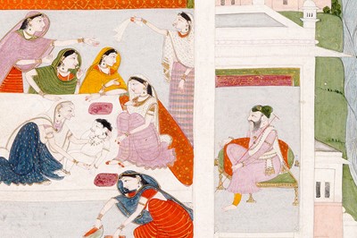 Lot 123 - A PAINTING FROM A BHAGAVATA PURANA SERIES: THE BIRTH OF BALARAMA