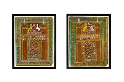 Lot 241 - A PAIR OF INDIAN POLYCHROME-PAINTED AND ILLUMINATED CELEBRATORY PANELS