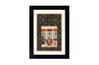 Lot 177 - A LOOSE ILLUMINATED ALBUM PAGE WITH A SEATED MUGHAL COURTIER SMOKING A HUQQA AND NASTA'LIQ POETRY