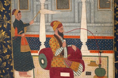 Lot 177 - A LOOSE ILLUMINATED ALBUM PAGE WITH A SEATED MUGHAL COURTIER SMOKING A HUQQA AND NASTA'LIQ POETRY