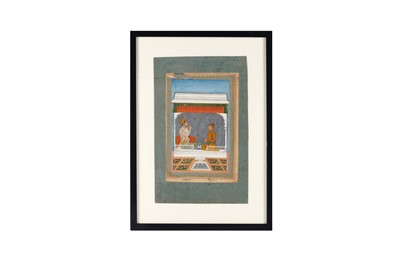 Lot 197 - TWO MUGHAL NOBLEMEN IN CONVERSATION SEATED IN A MARBLE PAVILION