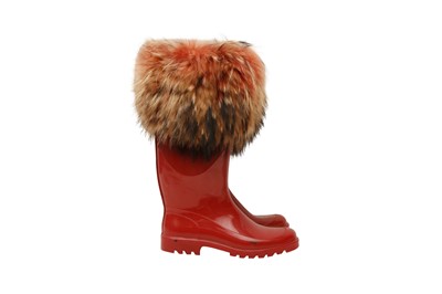 Lot 139 - Dolce & Gabbana Red Fur Trim Rain Boot - Size 37