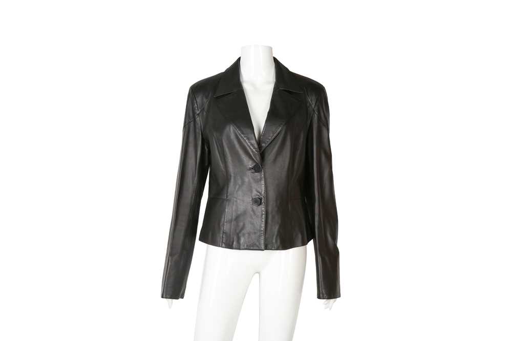 Lot 394 - Armani Collezioni Black Leather Blazer - Size 48