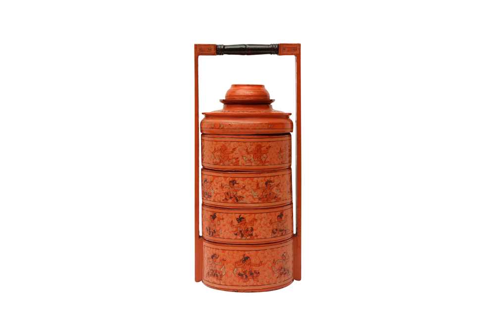 Lot 695 - A BURMESE LACQUERED TIERED TIFFIN BASKET