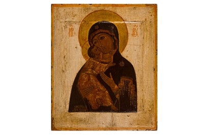 Lot 203 - AN ICON DEPICTING THE MOTHER OF GOD BY VLADIMIR (RUSSIAN 18TH CENTURY)