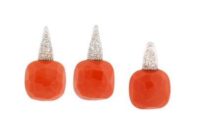 Lot 201 - A CORAL AND DIAMOND PENDANT AND EARRING SUITE BY POMELLATO