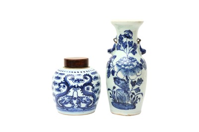 Lot 547 - A SMALL CHINESE BLUE AND WHITE JAR AND A CELADON-GROUND VASE