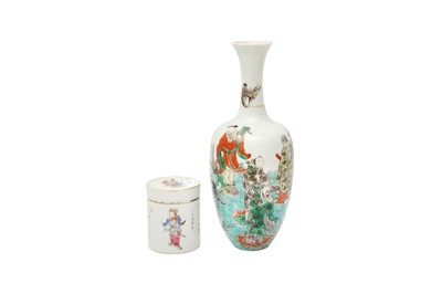 Lot 793 - A CHINESE FAMILLE-ROSE 'WU SHUANG PU' JAR AND COVER AND A VASE